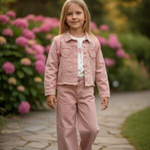 Kalp Detaylı Pembe Kot Takım