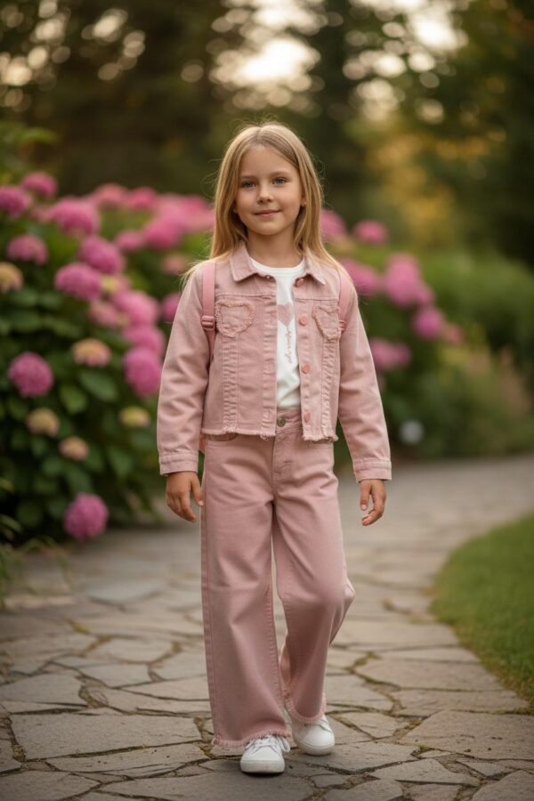 Kalp Detaylı Pembe Kot Takım