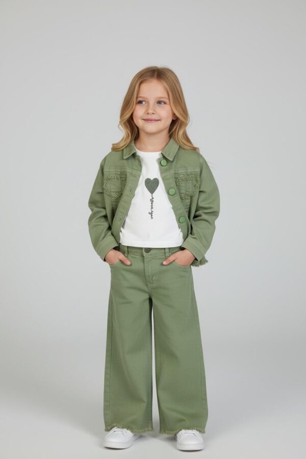 Yeşil 3'lü Kalp Detaylı Denim Takım